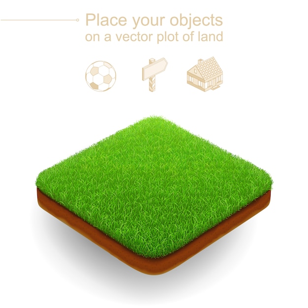 Вектор Кусочек сада. 3d реалистичный вектор. квадратный участок земли с зеленой травой и коричневым срезом почвы.