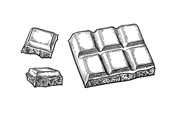 다공성 화이트 초콜릿 조각. 손으로 그린 잉크 밑그림입니다.
