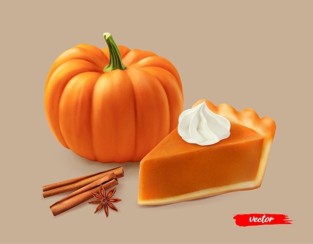 Vettore pezzo di torta di zucca con panna montata e zucca arancione d illustrazione vettoriale realistica di zucca...