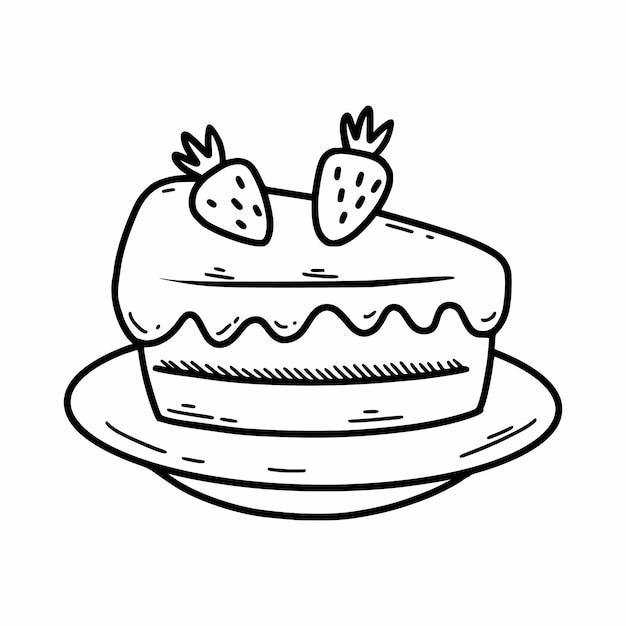 Piece strawberry cake on plate Vector doodle illustration Sketch