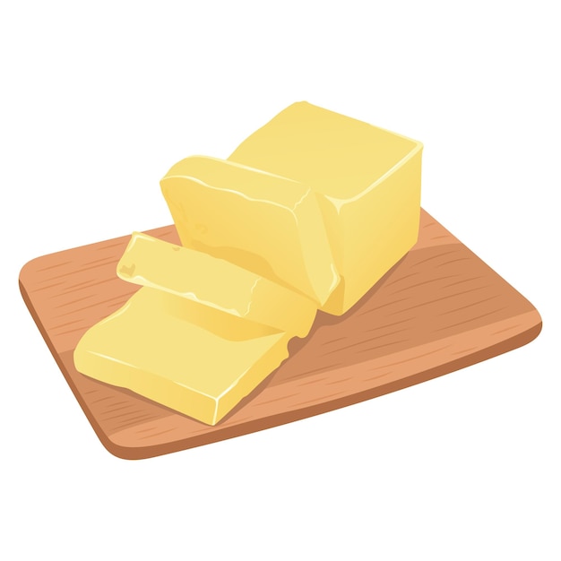 Vector pieces of butter margarine spreads and dairy products on a wooden cutting board isolated