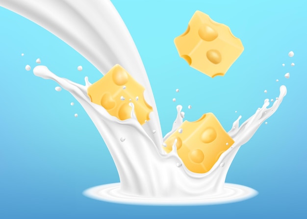 Pieces of cheese in splashing milk, 3d realistic vector illustration icon. Design element. Packaging