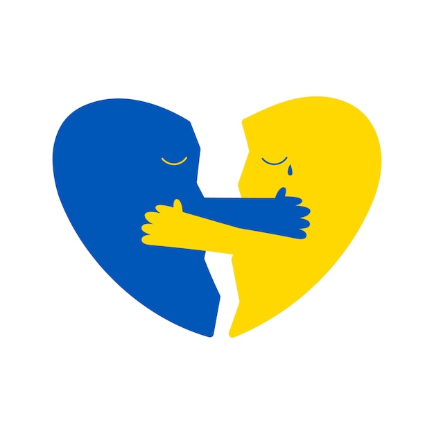 Кусочки разбитого сердца обнимают друг друга цвета украинского флага плоский вектор украина во время войны