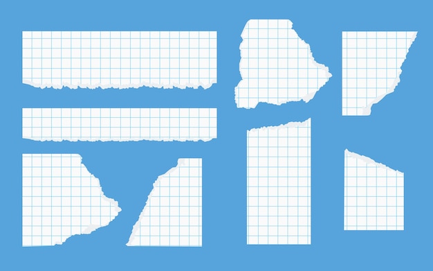 Кусочки рваной белой квадратной тетрадной бумаги разной формы с клейкой лентой разорванный бумажный шаблон с потрепанным краем клетчатый школьный лист для записок векторная иллюстрация на синем фоне