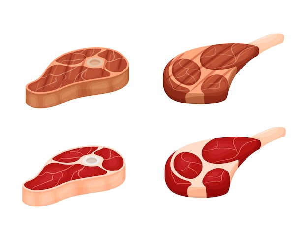 Vettore pezzi di carne cruda con strati di grasso e cartoni di carne alla griglia su sfondo bianco