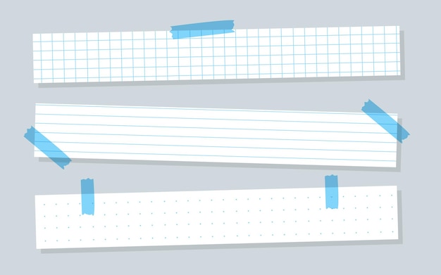 Vettore pezzi di carta bianca con modelli orizzontali a righe blu a quadretti o foglio di quaderno a righe con ...