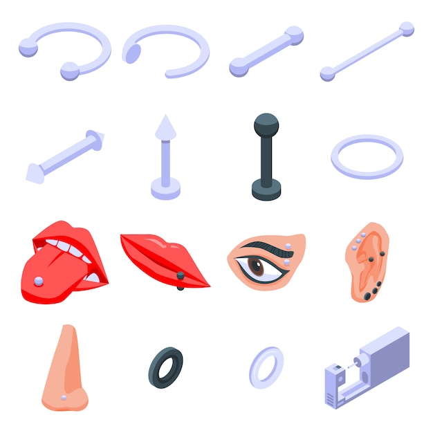 Vector piercing icons set, isometric style