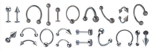 Piercing jewelry Realistic metal nose rings 3D earrings and pierced face and body accessories set Silver cones and balls Hoops or barbells Vector metallic bijouterie collection