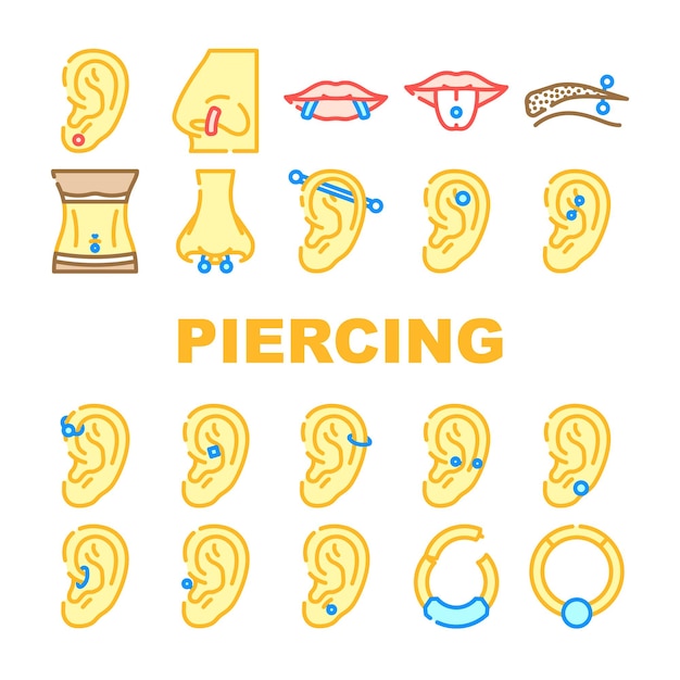 Vector piercing ring earring nose icons set vector metal jewelry body pierce nipple silver hoop face jewellery ear navel piercing ring earring nose color line illustrations