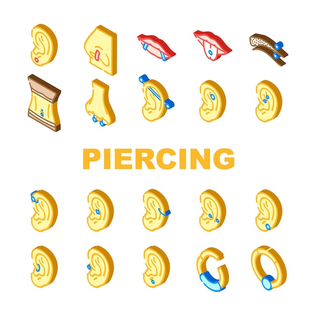 piercing ring earring nose icons set vector metal jewelry body pierce nipple silver hoop face jewellery ear navel piercing ring earring nose isometric sign illustrations