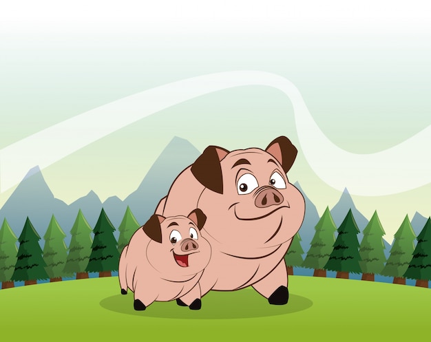 Pig cartoon over landscape background