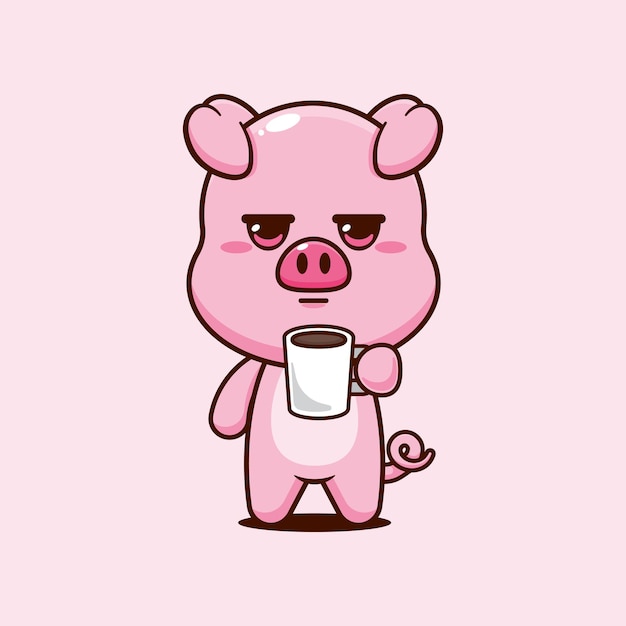 pig cartoon vector illustration is tired and sleepy holding coffee
