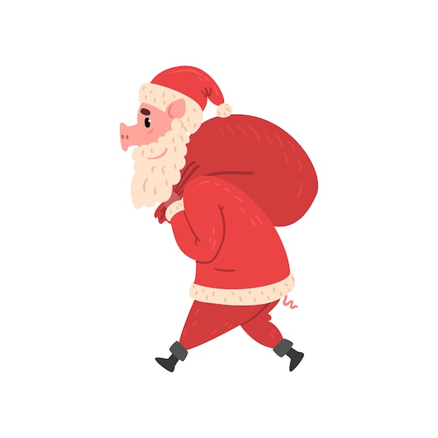 Personaggio di maiale in costume da babbo natale che cammina con il sacco regalo rosso simbolo cinese dell'elemento di design del nuovo anno