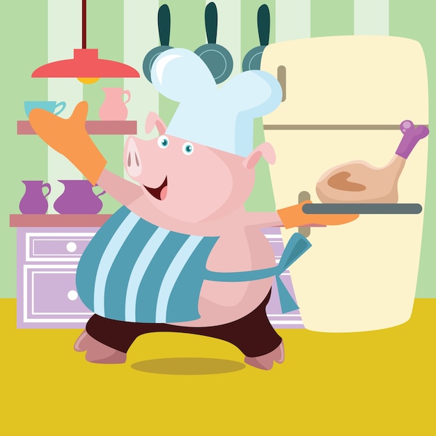 Vector pig chef cartoon illustration