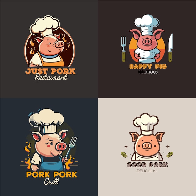 Illustrazione della mascotte del logo del cuoco unico del maiale per il marchio del ristorante del barbecue della griglia della carne di maiale