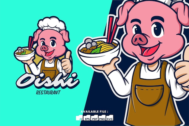 Pig Chef Mascot Cartoon Logo Holding Ramen