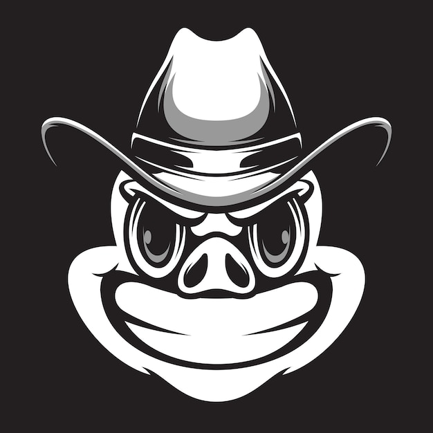 Pig Cowboy Black and White Mascot Design