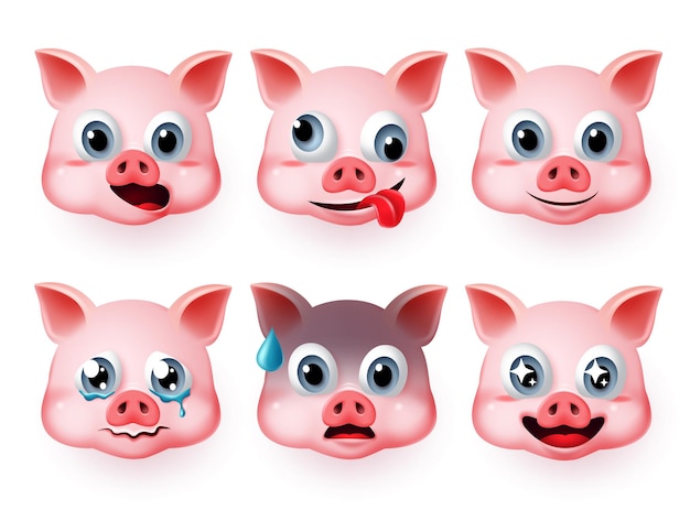 Vector pig emoticon fat face vector set emoji pigs head in cute faces like happy and scared facial express