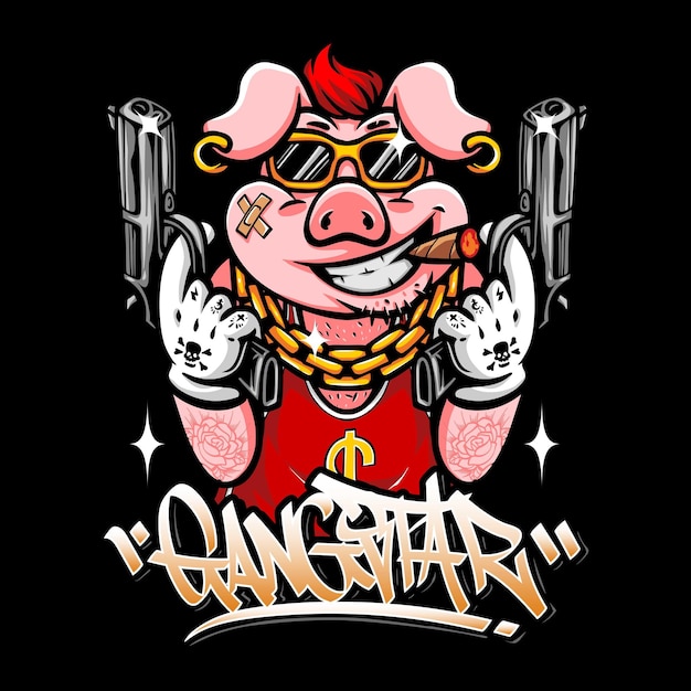 Vector pig gangster holding gun illustration