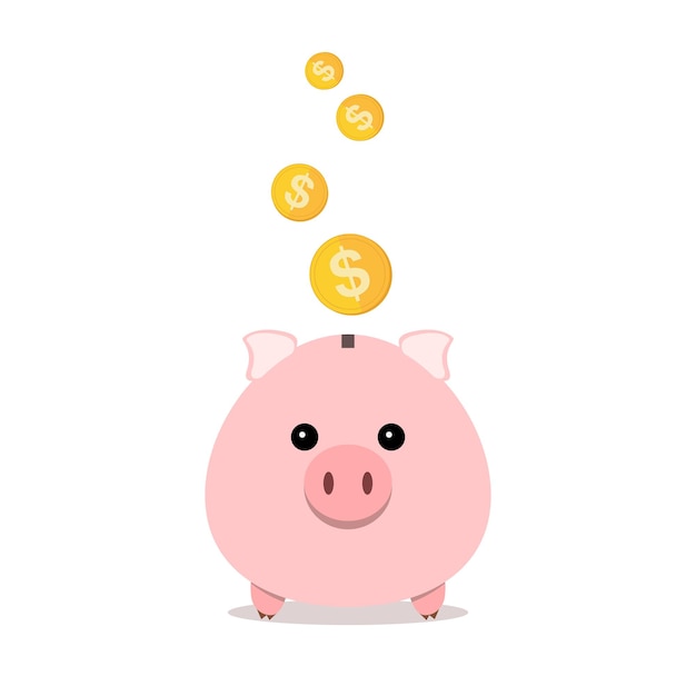 Pig and gold coins isolated on white background. Piggy bank with falling coins in flat design. Gold dollar coin - vector illustration.