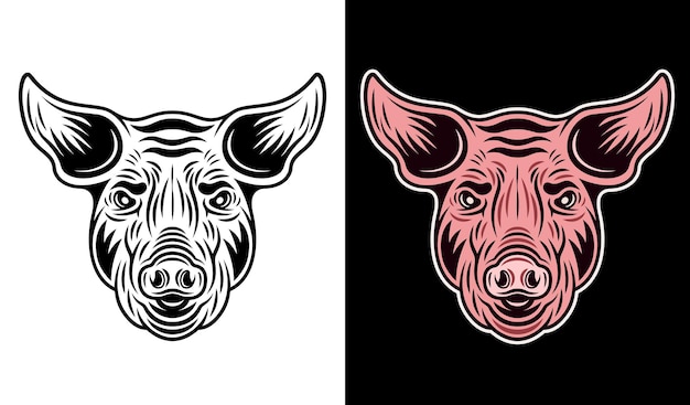 Pig head in two styles monochrome on white and colorful on dark background vector illustration