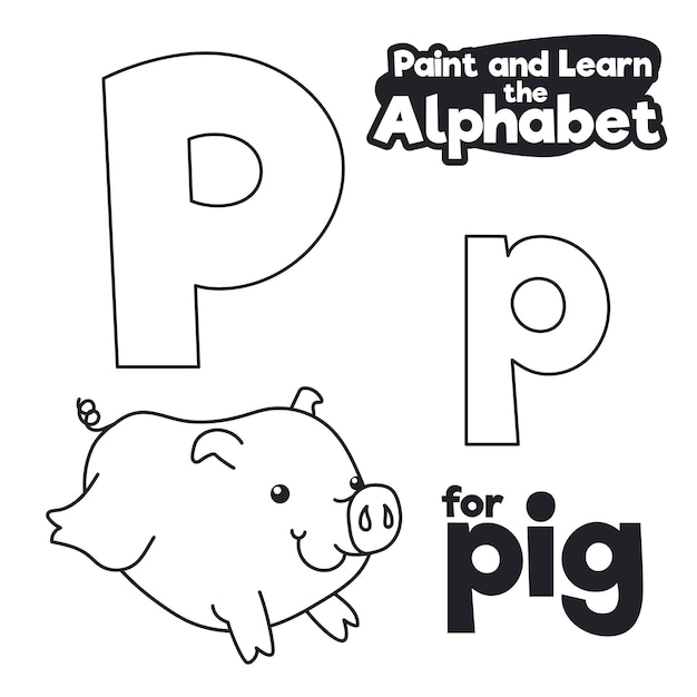 Pig jumping and running with letter P majuscule and minuscule for easy learning of the alphabet