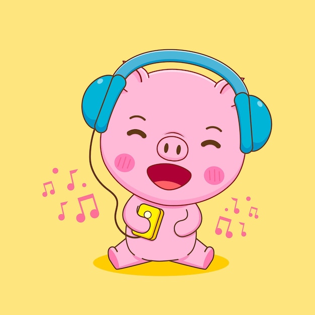 pig listening to music with headphone cartoon