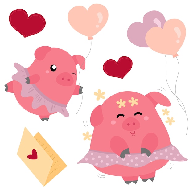 Pig in Love Vector Cute Set 34