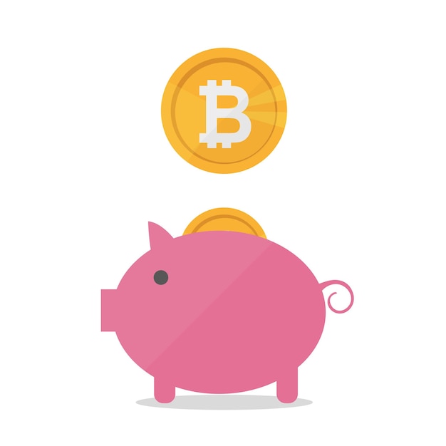 Pig money box with falling bitcoins. vector flat design banner concept on white background isolated. hold bitcoins