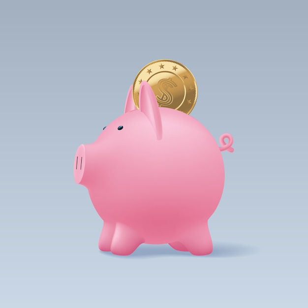 Pig money box with realistic golden coins illustration