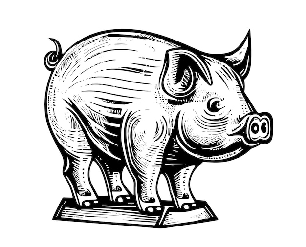 Pig piggy bank on stand old retro sketch hand drawn engraving style Vector illustration.