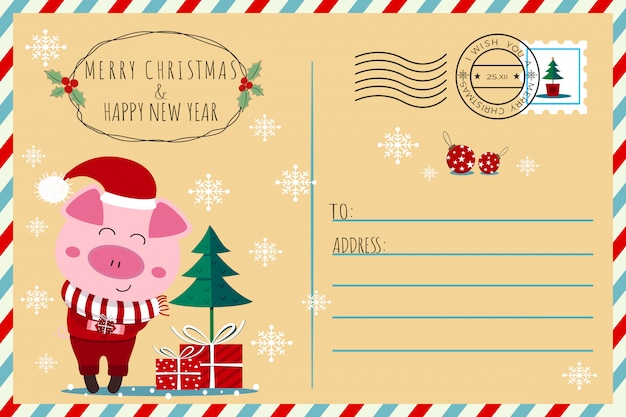 Vector pig piglet christmas and new year postcard