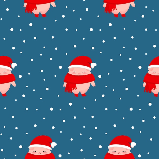 Свинья бесшовные модели на рождество и новый год с милой свиньей в красной шляпе и шарфе деды морозы