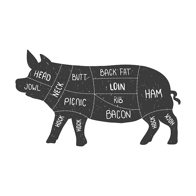 돼지 실루엣 돼지 도살 고기 가게에 대한 레트로 동물 농장 포스터를 잘라