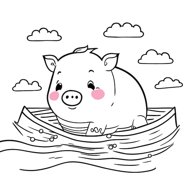 pig swimming in the sea vector illustration line art