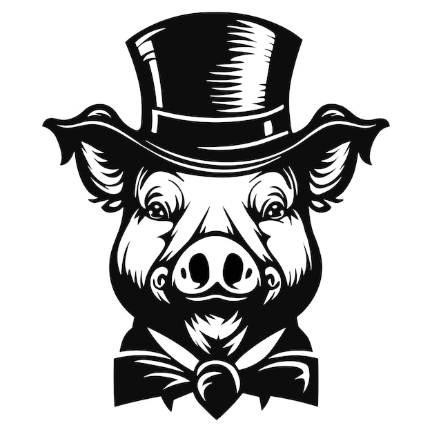 A pig wearing a top hat and a bow tie.