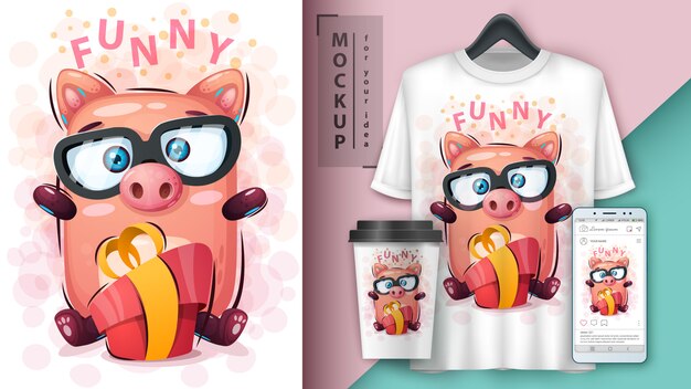 Vector pig with gift poster and merchandising