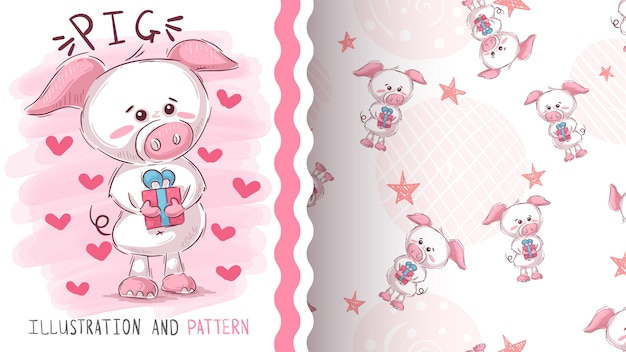 Pig with gift  seamless pattern