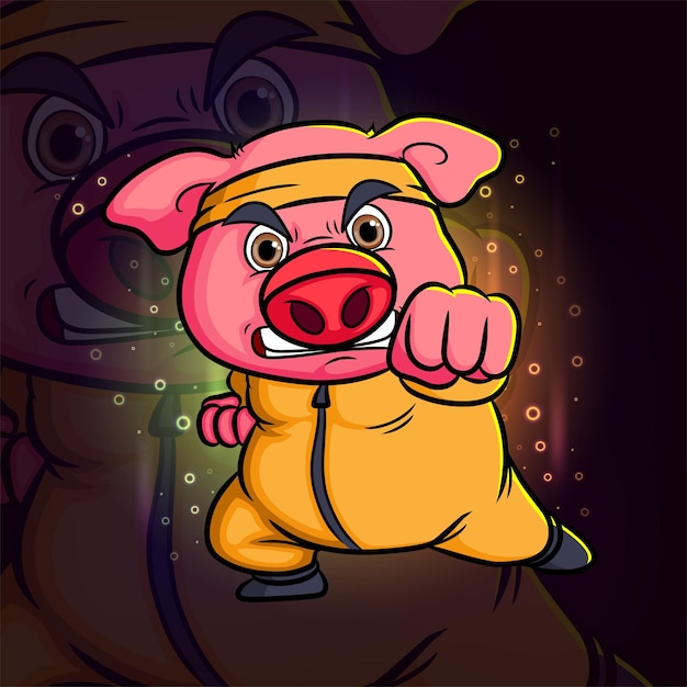 The pig with the yellow suit punching esport mascot design logo