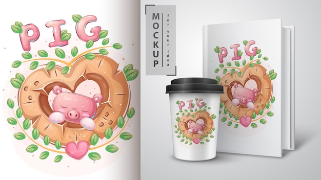 Vector pig in wood heart illustration and merchandising