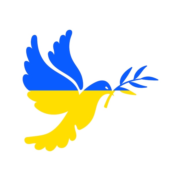 Pigeon in blue yellow colors of Ukrainia flag dove of peace with olive branch, pray for Ukraine