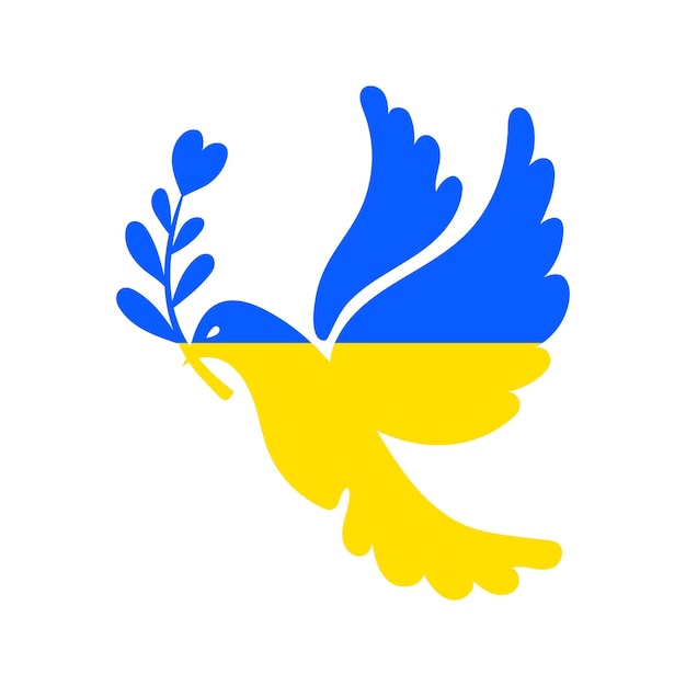 Pigeon in blue yellow colors of Ukrainia flag dove of peace with olive branch. Support Ukraine.