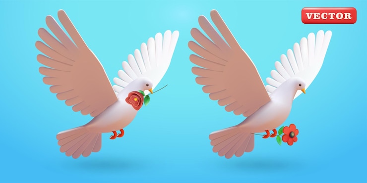 Вектор летающий голубь, несущий цветы 3d-вектор подходит для мероприятий и элементов дизайна