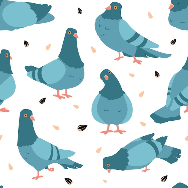 Pigeon pattern Cartoon seamless texture of wild city birds Flying animals flock and seeds Standing or eating gray doves Town fauna background Vector print mockup with winged creatures