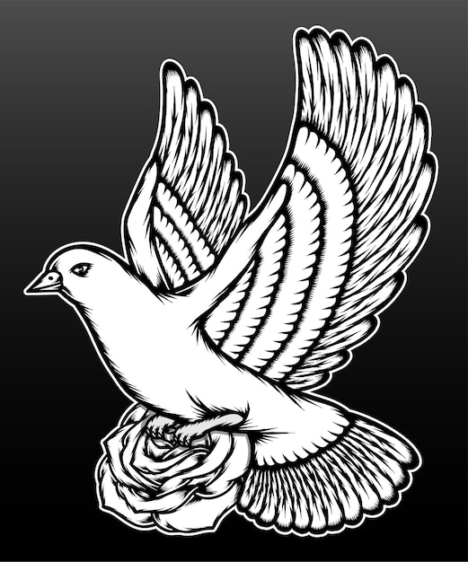 Vector pigeon with roses isolated on black