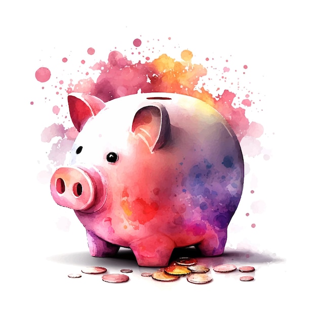 Piggy bank and coins investment watercolor vector hand drawn painted