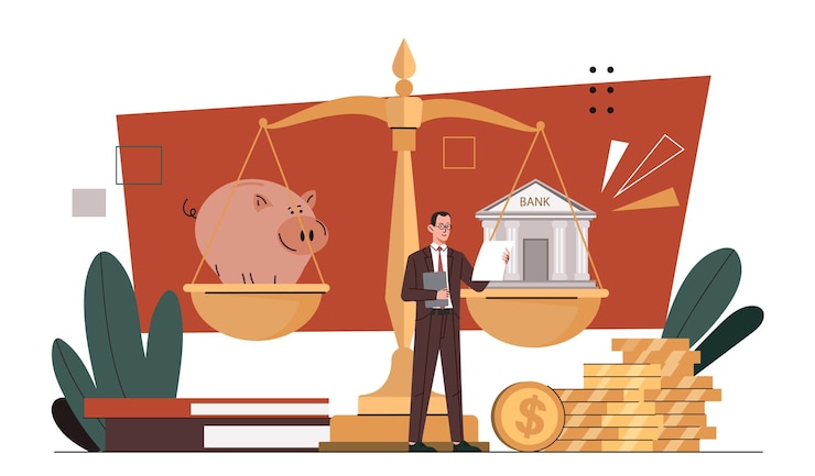 Vector piggy or bank comparsion man near weights with different ways to investings savings and budget young