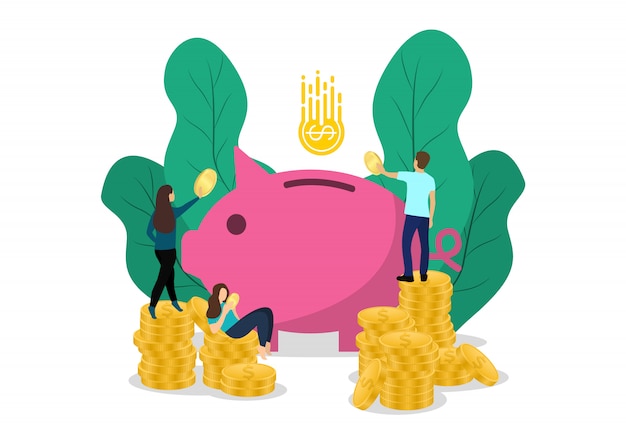 Vector piggy bank concept with characters. save money. business investment.