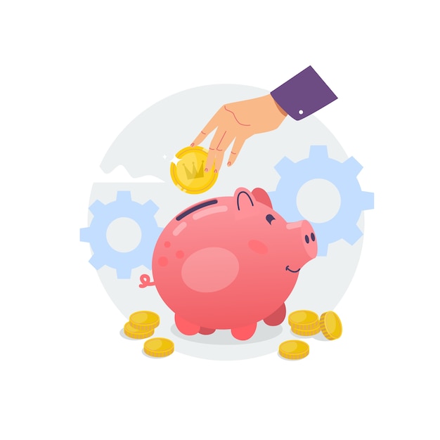 Vector piggy bank and hand with coin.