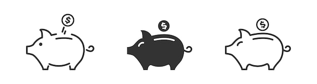 Piggy bank icon set Flat and outline style Vector illustration